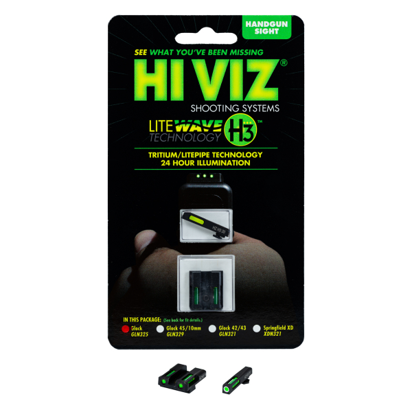 MIRAS HIVIZ PARA GLOCK 17/19/19X/22/23/34/35 TRITIUM / FIBRA OPTICA, DELANTERA VERDE/ARO NARANJA, TRASERA VERDE (GLN525) - Imagen 2