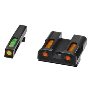 MIRAS HIVIZ PARA GLOCK 17/19/19X/22/23/34/35 TRITIUM FIBRA OPTICA,DELANTERA FIBRA VERDE/ARO NARANJA, TRASERA FIBRAS ANARANJADAS (GLN625)
