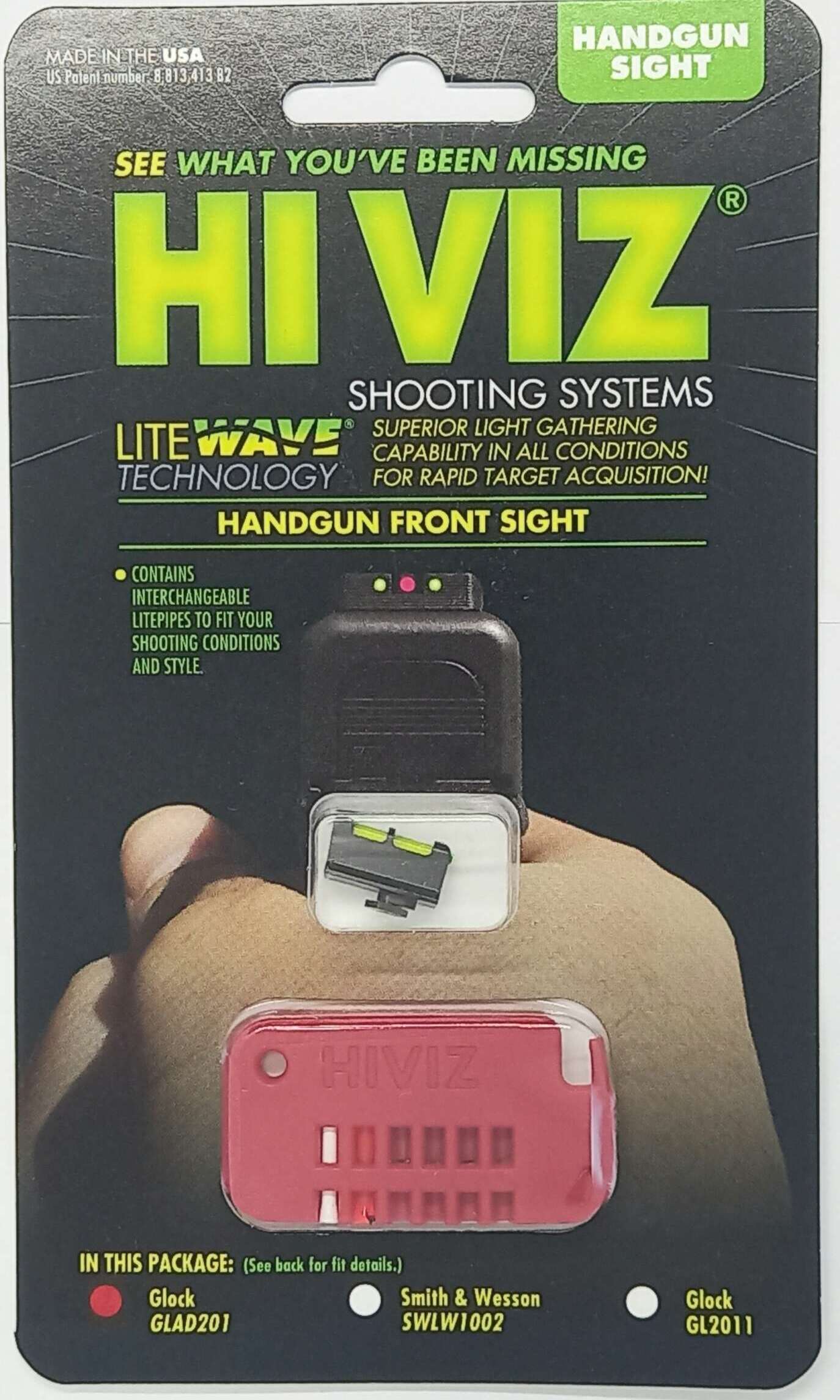 MIRAS HIVIZ GLOCK DELANTERA 17/19//19X/21/22/23/30/34, GEN3/4, FIBRA OPTICA INTERCAMBIABLE, MIRA FIJA, BLANCA/ ROJA/ VERDE (GLAD201)