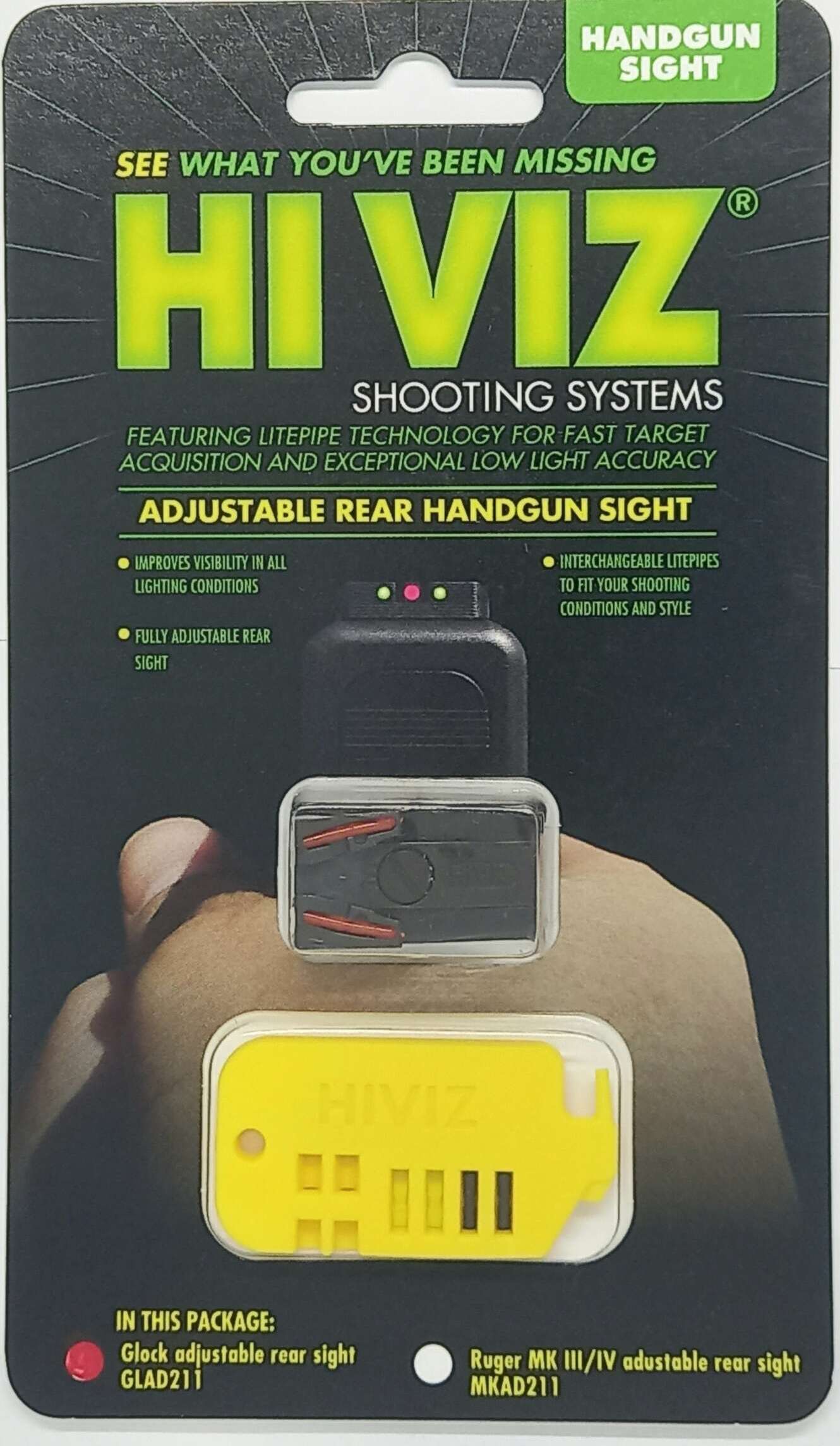 MIRAS HIVIZ GLOCK TRASERA 17/19/19X/21/22/23/30/34/35 GEN.3/4,FIBRA OPTICA INTERCAMBIABLE, MIRA CON ELEBACION, NEGRA/ ROJA/ VERDE (GLAD211)
