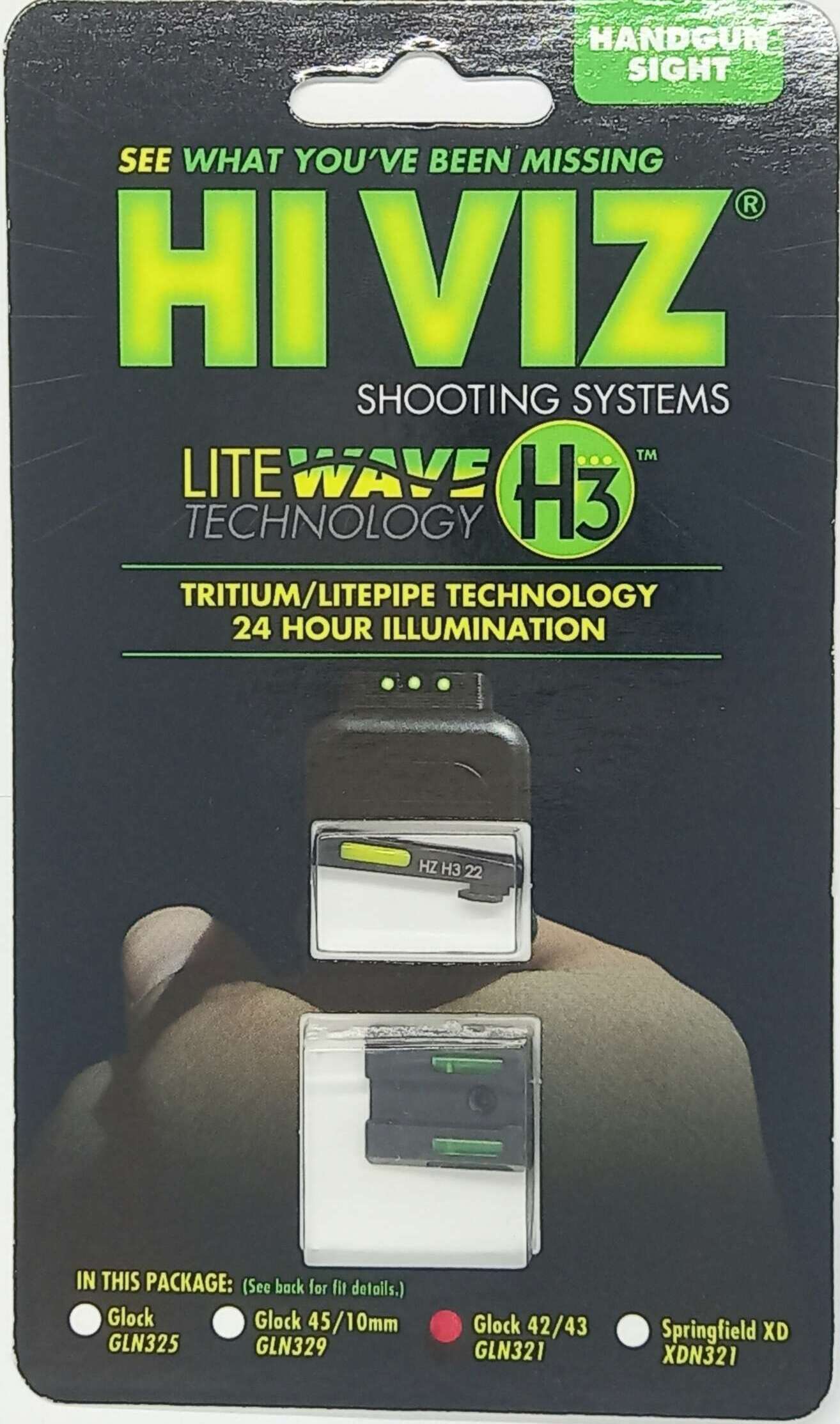 MIRAS HIVIZ GLOCK 42/43/43X/48 GAS TRITIUM/FIBRA OPTICA MIRAS FIJAS VERDE DELANTERA/VERDE TRASERA (GLN321)