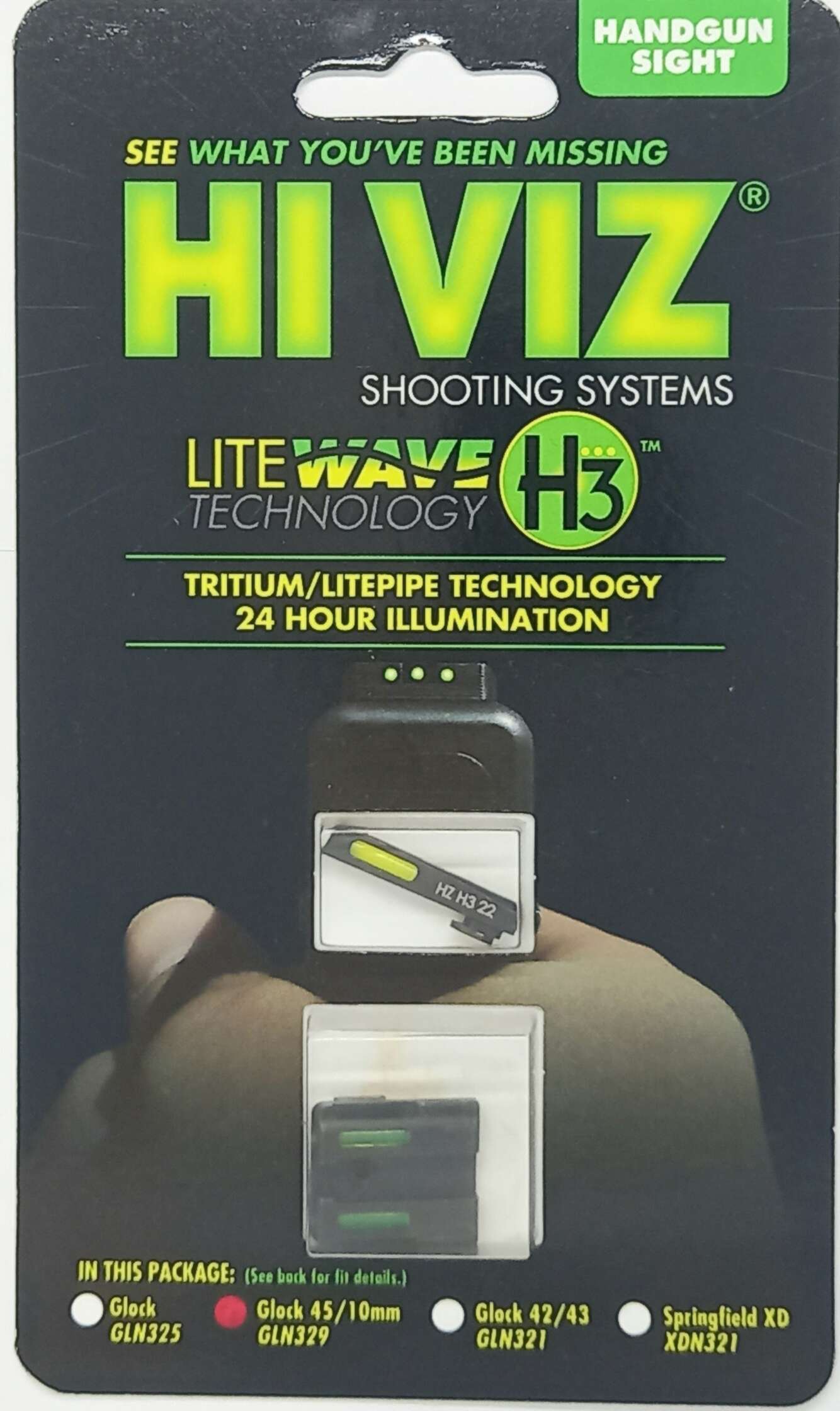 MIRAS HIVIZ GLOCK 20/21/29/30/36/40 GAS TRITIUM/FIBRA OPTICA, MIRAS FIJAS, VERDE DELANTERA/VERDE TRASERA (GLN329)