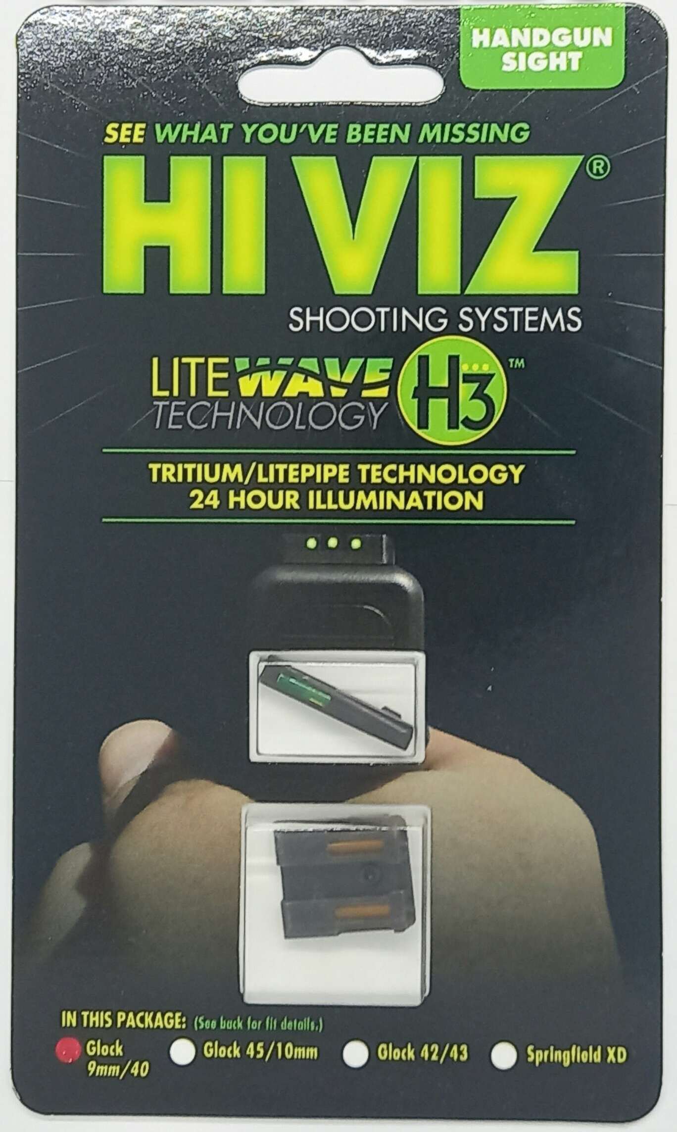 MIRAS HIVIZ GLOCK 17/19/19X/22/23/34/35 TRITIUM FIBRA OPTICA DELANTERA FIBRA VERDE/ARO BLANCO, TRASERAS FIBRAS ANARANJADAS (GLN425)