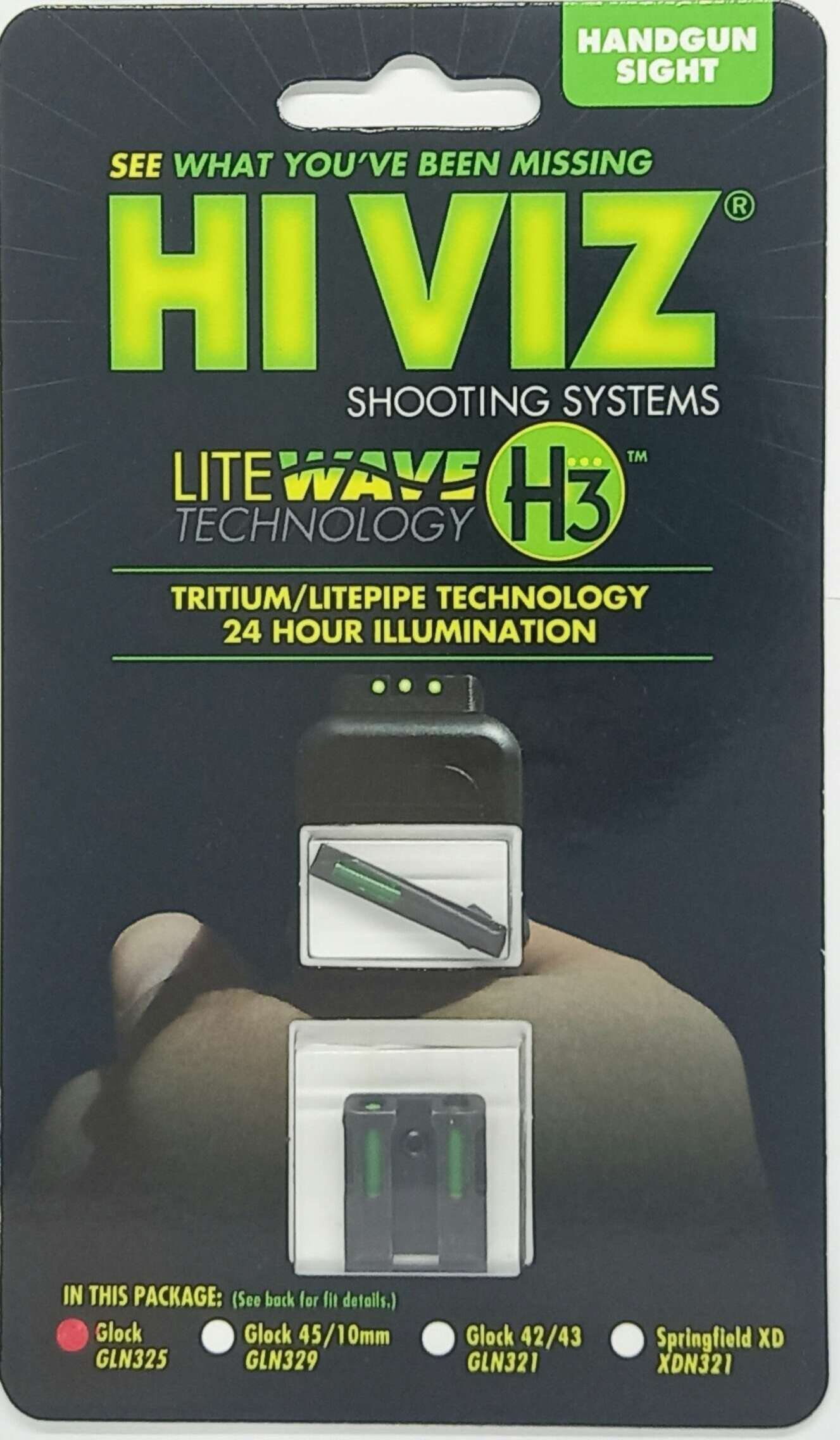 MIRAS HIVIZ GLOCK 17/19/19X/22/23/34/35 TRITIUM FIBRA OPTICA, DELANTERA FIBRA VERDE/ARO NARANJA, TRASERAS FIBRAS VERDES (GLN525)