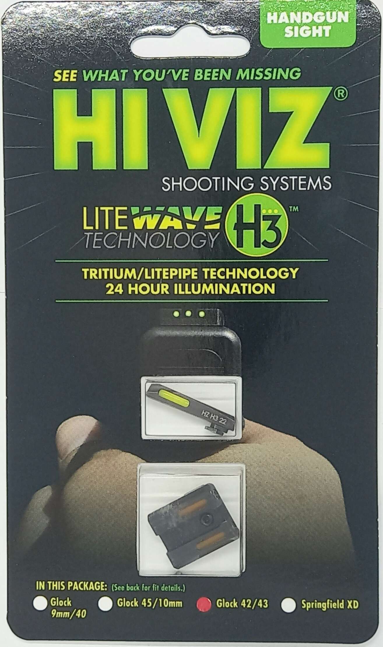 MIRAS HIVIZ GLOCK TRTIUM/FIBRA OPTICA 42/43/43X/48 DELANTERA VERDE/ARO NARANJA/TRASERAS VERDES (GLN621)