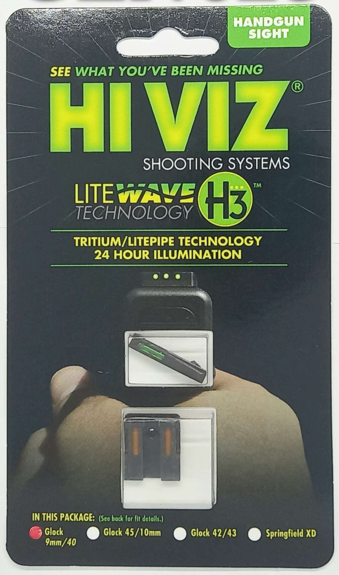 MIRAS HIVIZ GLOCK 17/19/19X/22/23/34/35 TRITIUM FIBRA OPTICA,DELANTERA FIBRA VERDE/ARO NARANJA, TRASERA FIBRAS ANARANJADAS (GLN625)
