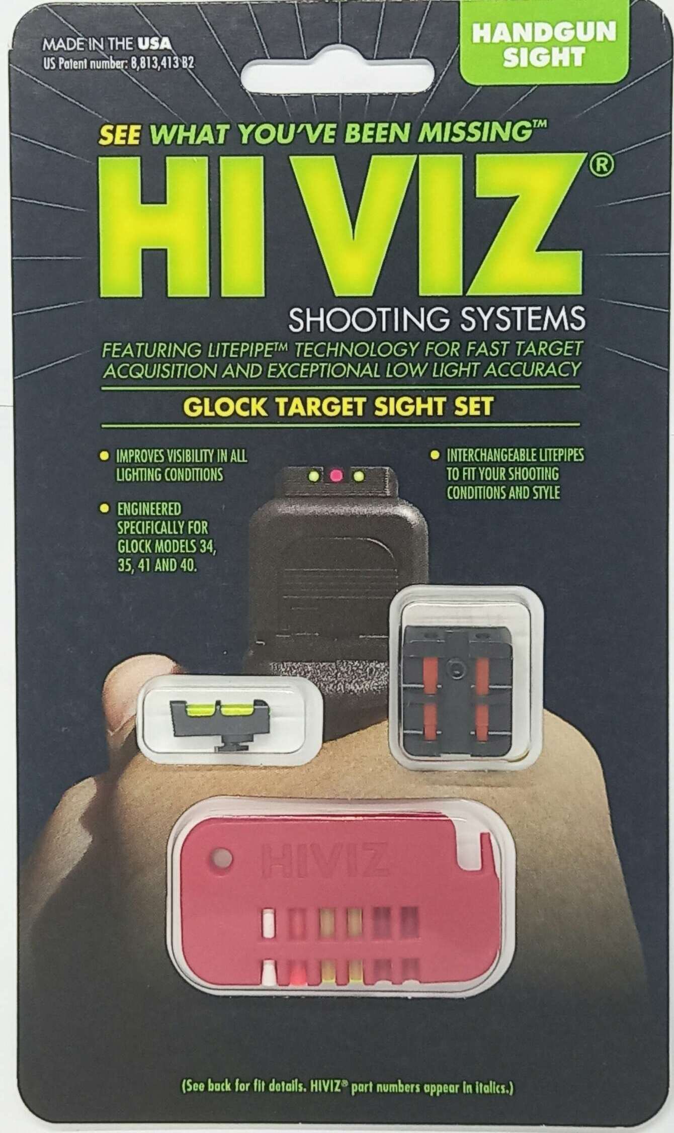 MIRAS HIVIZ GLOCK 9MM.40S&W.357SIG FIBRA OPTICA AJUSTABLE, PIPAS OPTICAS INTERCAMBIABLES, (VERDE,ROJA,BLANCA Y NEGRA) (GLT178)