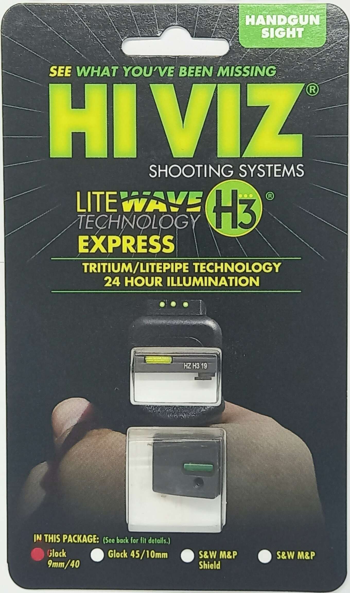 MIRAS HIVIZ GLOCK XPRESS 17/19/19X/22/23/34/35/TAURS G2/G3 GAS TRITIUM/MIRAS FIJAS, VERDE DELANTERA/VERDE TRASERA (GLXN325)