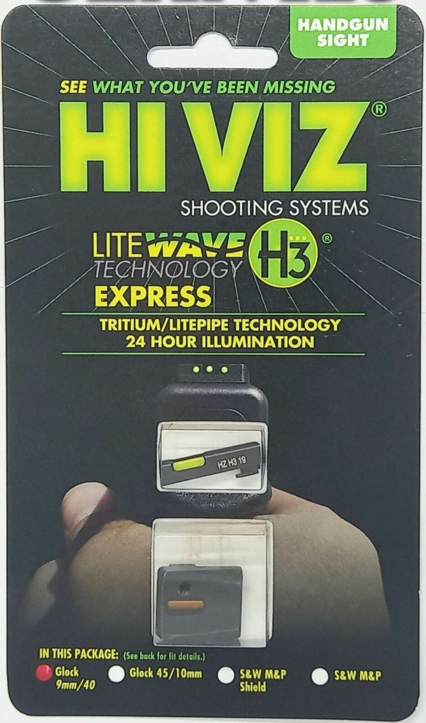MIRAS HIVIZ GLOCK XPRESS 17/19/19X/22/23/34/35/TAURUS G2/G3 GAS TRITIUM/MIRAS FIJAS, VERDE DELANTERA/ROJA TRASERA (GLXN425)