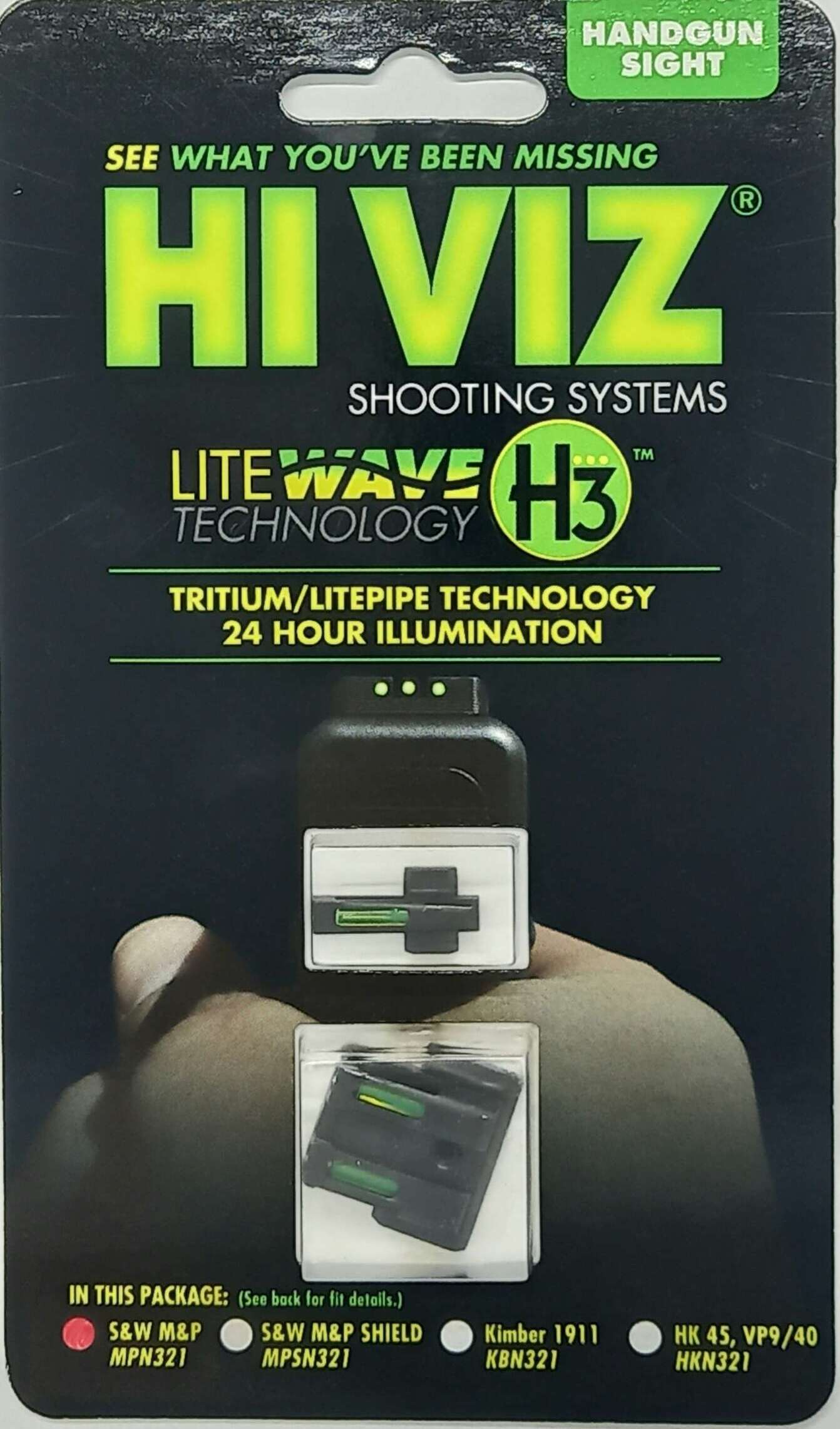 MIRAS HIVIZ S&W/M&P 9mm/.40S&W/.45ACP GAS TRITIUM/FIBRA OPTICA,MIRAS FIJAS, VERDE DELANTERA/VERDE TRASERA (MPN321)