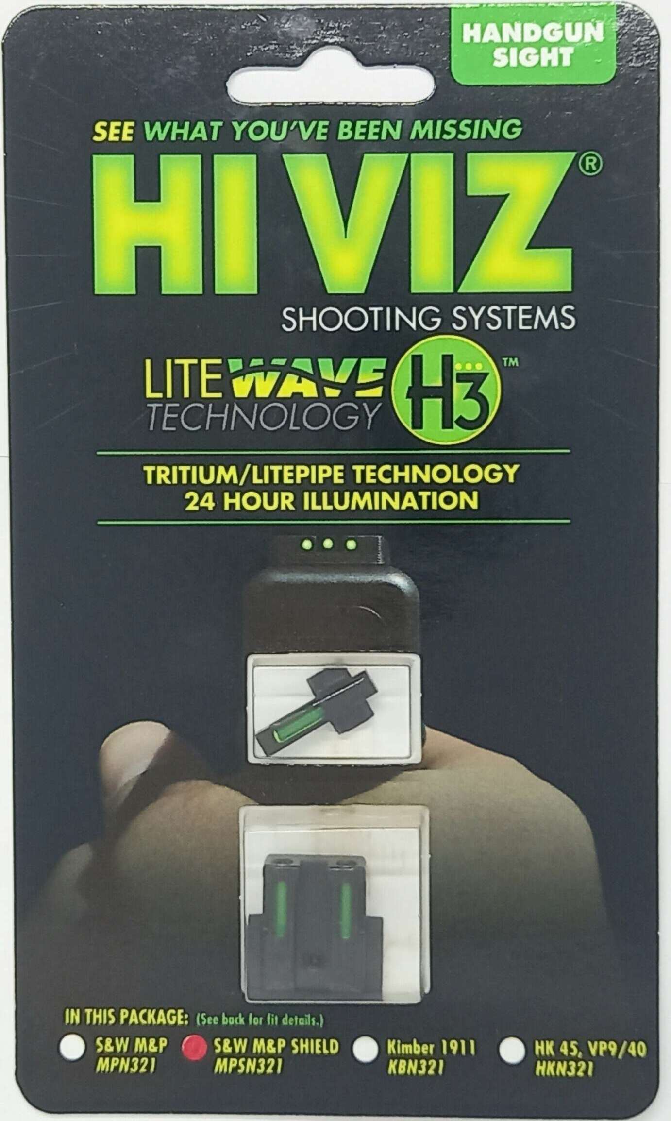 MIRAS HIVIZ S&W SHIELD 9mm/.40S&W GAS TRITIUM/FIBRA OPTICA, MIRAS FIJAS, VERDE DELANTERA/VERDE TRASERA (MPSN321)