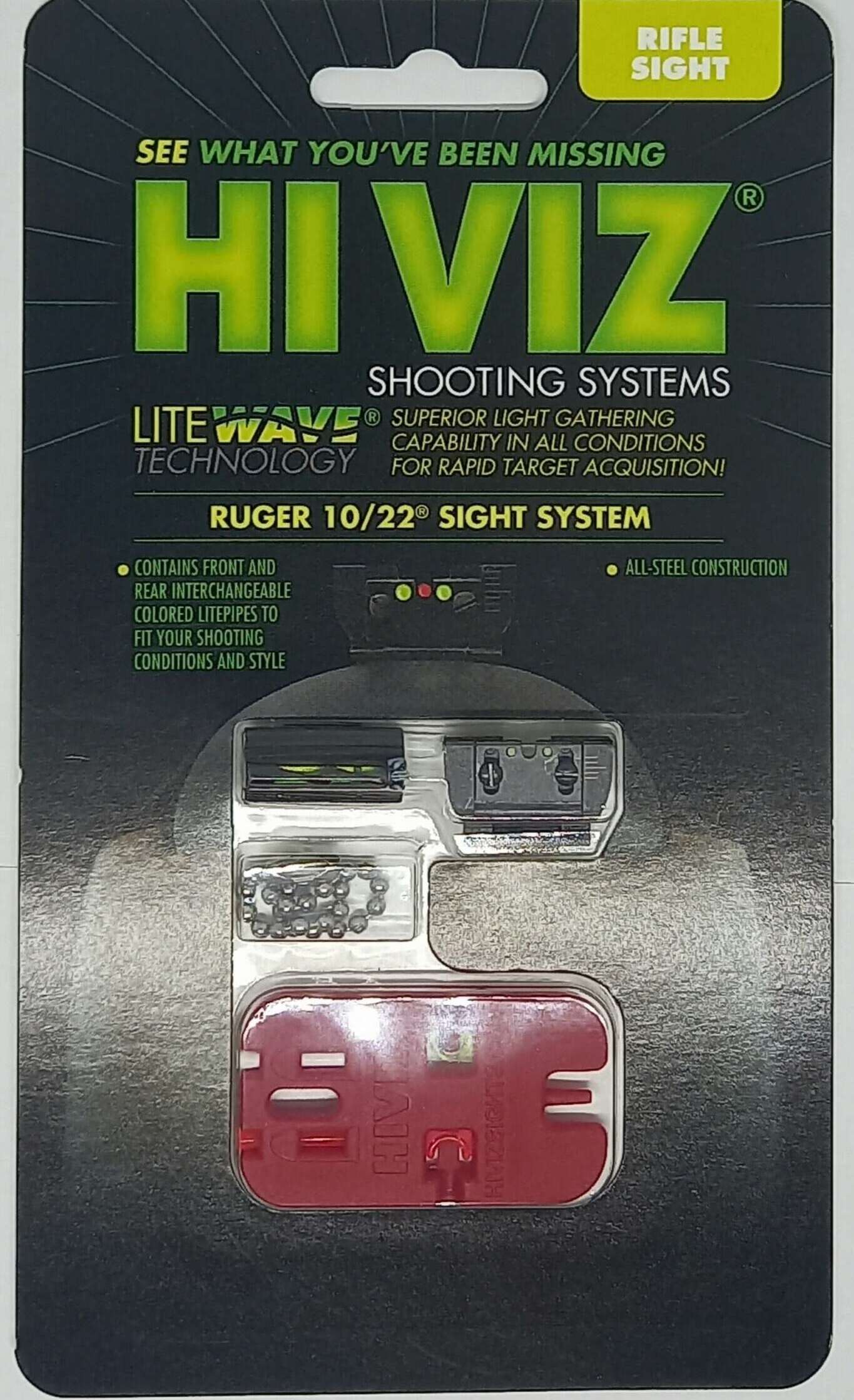MIRAS HIVIZ RUGER 10/22 CAL.22 FIBRA OPTCA PARA RIFLE AJUSTABLE, MIRA TRASERA SE DOBLA,FIBRAS INTERCAMBIABLES VERDE/ROJA (RG1022)