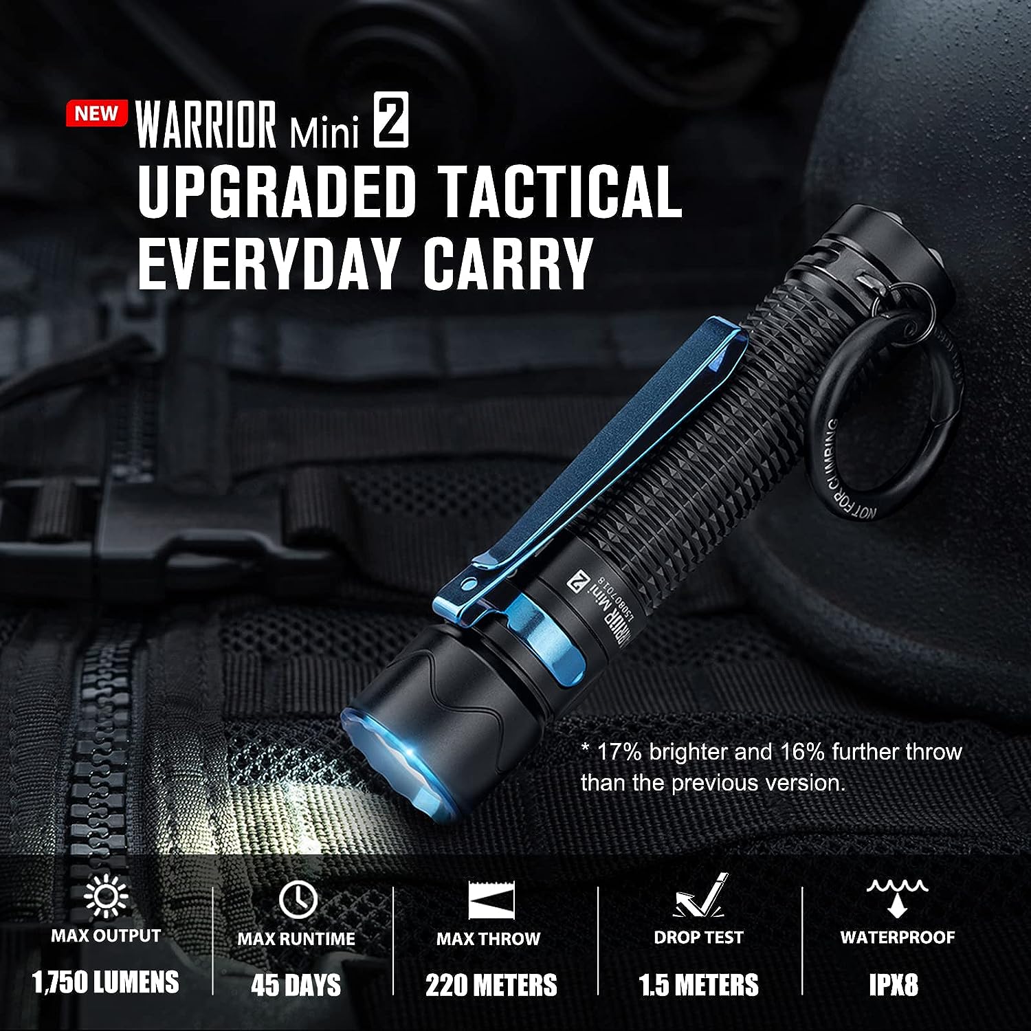LINTERNA OLIGHT WARRIOR MINI 2 LINTERNA TACTICA, CLIP ESCOPETA/RIFLE/CARABINA USO CON sROD7 COLOR NEGRO, 500 LUMENES, LUZ TURBO/ALTA/MEDIAN/BAJA/LUNA RECARGABLE, CARGADOR MAG - Imagen 2